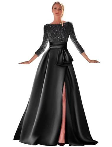 Sequin Long Sleeve Prom Dress 2025 Long Ball Gown Satin Formal Evening Gown Boat Neck Wedding Guest Dresses for Women