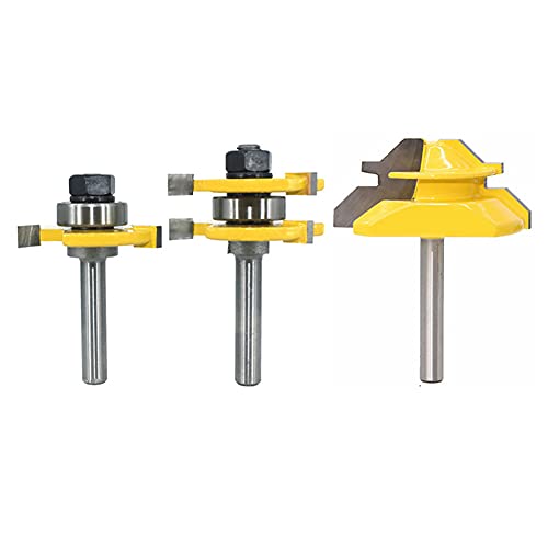 Set di utensili per fresa per linguetta e scanalatura da 1/4con codolo, 2 punte per fresa per linguetta e scanalatura + punta per fresa per giunto a incastro con bloccaggio a 45 °