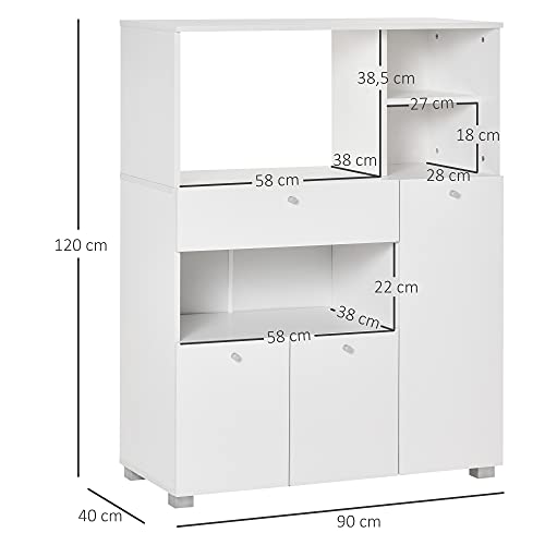 HOMCOM Auxiliary Sideboard for Microwave Kitchen Buffet Cupboard with 2 Door Cabinets 1 Drawer and Storage Shelves 90x40x120cm White