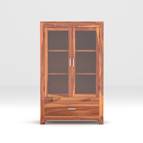 Image of SUNCOM Sheesham Wood Book Shelf for Home Library - Bookshelf with Glass Door & Drawers Storage - Kitchen Crockery Cabinet, Almirah, Study Room Furniture Books Rack, Book Stand (Natural Finish)