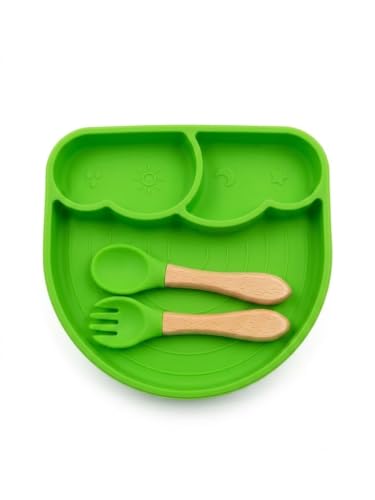 Image of BabyGo Silicone Suction Plate with Spoon for Babies | Microwave, Dishwasher & Freezer Safe | Unbreakable Feeding Plate with 4 Suction Cups for Babies & Toddlers | BPA-Free (Green)