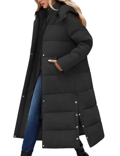 CMTOP Wintermantel Damen Lang Mit Kapuze Dicke Warme Winterjacke Extra Langer Winddicht Steppmantel Casual Wasserdicht Daunenmantel Elegant Lockerer Parka mit Schlitz(Schwarz,...