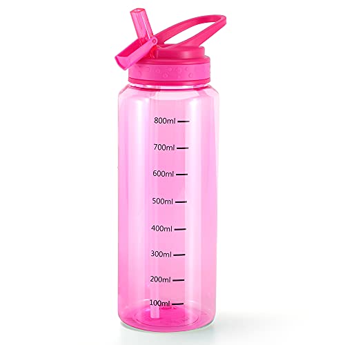 Home Tune Water Bottle With Straw, Bpa Free Tritan & Leak Proof Dust-Free Flip Straw & Easy Clean & Measurement, 30Oz / 900Ml (Pink With Straw) #TOP13