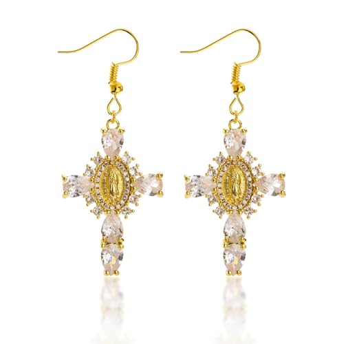 Pendientes Virgen De - Pendientes para mujer, chapados en cobre con cesta de flores doradas, joyería católica virgen, Cruz #2, One Size Pendientes Virgen De - Pendientes para mujer, chapados en cobre con cesta de flores doradas, joyería católica virgen, Cruz #2, One Size