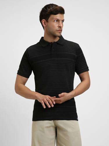 Image of Dennis Lingo Men's Cotton Black Stripes Regular Fit Button-Down Short Sleeve Polo Tshirt