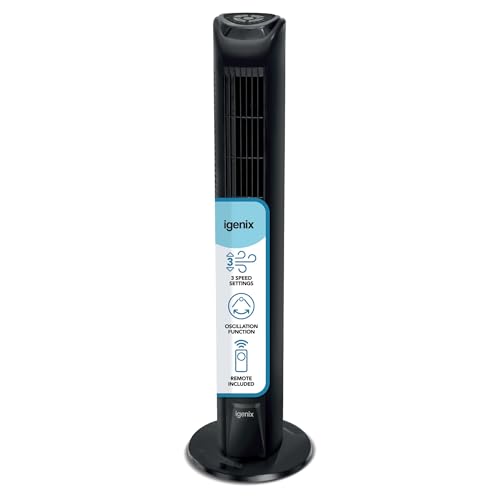 Image of Igenix DF0035TBL Oscillating Tower Fan with 7.5 Hour Timer and Remote Control, 45 W, 3 Speed Settings and Quiet Operation, Plastic, Black