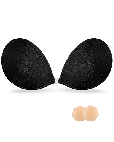 Loxoto Adhesive Bra Strapless Sticky Bra Lace Fabric Invisible Stick Bra For Woman Backless Dress Bra With Nipple Covers(Black,B) #TOP7