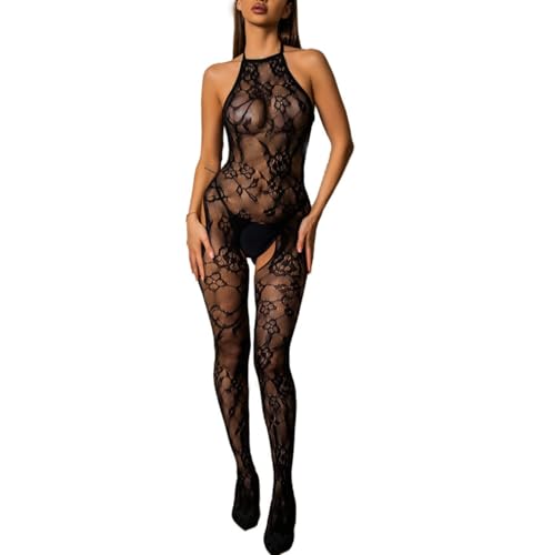 Gatamiau Womens Sexy Bodystocking Floral Lace See Through Mesh Teddy Underwear Halter Neck Cut OUt One Piece Slim Fit Jumpsuit Leotard Tights (Black One Size)