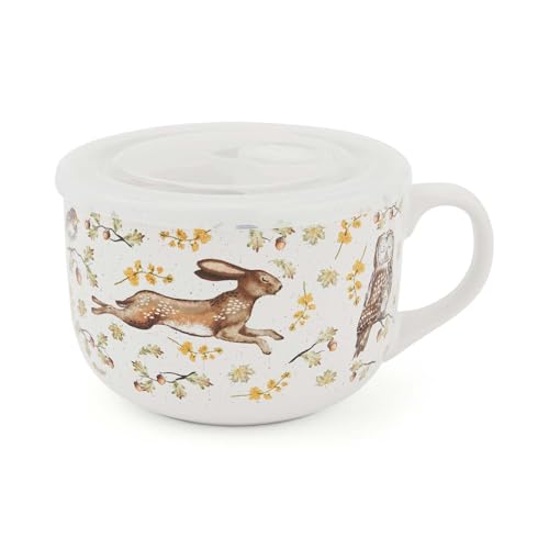 Cooksmart Forest Fable Soup Mug with Lid | British Designed Stoneware Soup Bowl | Woodland-Inspired Mug with Handle & Plastic Lid | Rustic Farmhouse Tableware | Dishwasher & Microwave Safe | 600ml
