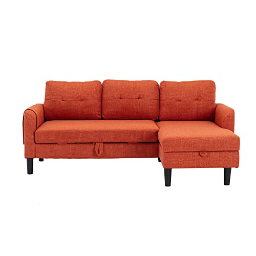 Olela Pull Out Sleeper Sofa Couch,Linen Convertible Sofa Bed L Shape Sectional Sofa With Storage Chaise And Pocket For Living Room (Orange-Tufted Back) #TOP6