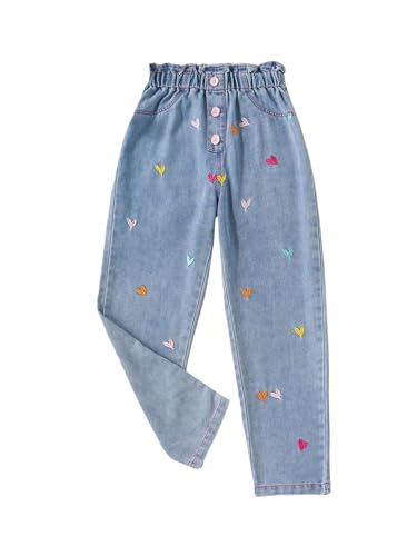 Girl's Heart Embroidered Denim Pants Elastic Waist Streetwear Y2k Tapered Jeans