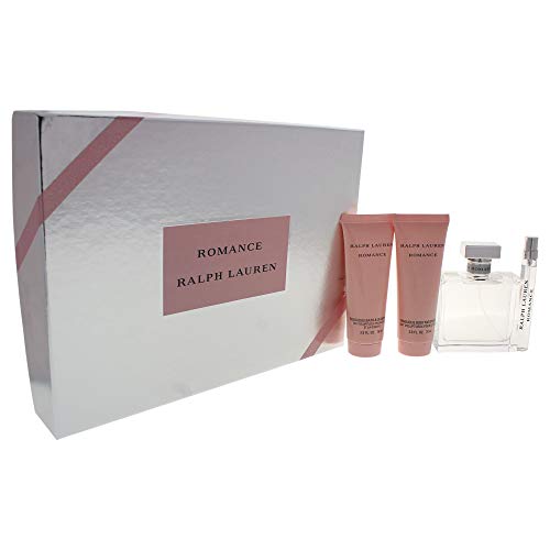 Ralph Lauren Romance for Women 4 Piece Gift Set with Eau de Parfum Spray, Sensuous Body Moisturizer, Sensuous Bath & Shower Gel