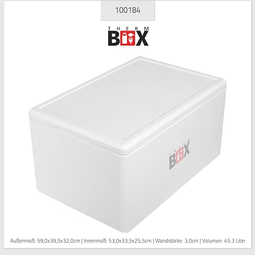 Foto von THERM BOX Styroporbox 45W Innen: 53x33x25cm Wand: 3cm Volumen: 45,3L Isolierbox Kühlbox Warmhaltebox Wiederverwendbar