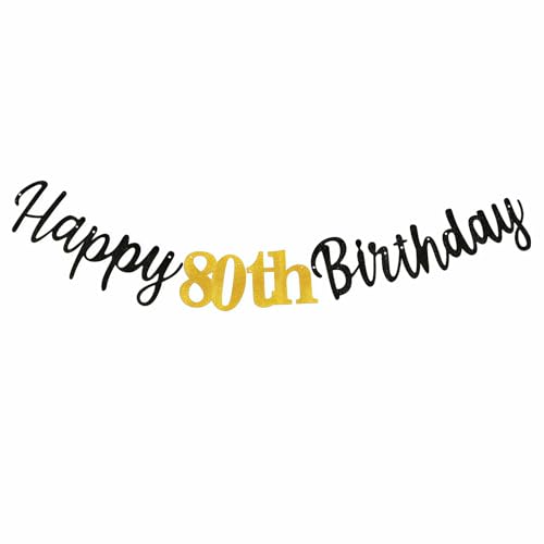Geettcaifu Glitter Paper Black Happy 80th Birthday Banner Sign Gold Glitter 80 Years Birthday Hang Banner Party Decorations Supplies for Anniversary Celebration Backdrop