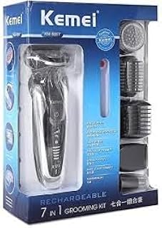 ماكينة قص الشعر الكهربائية متعددة الوظائف من 7في 1 نوع KM-8867قابلة لاعادة الشحن. فهي حلاقة وتشذيب اللحية وقص وفيها وادوات تنظيف الانف والوجه