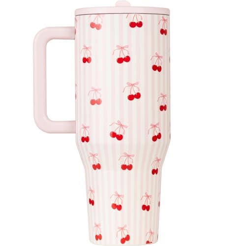 Image of HydroJug Traveler - 32 oz Water Bottle with Handle & Flip Straw - Fits in Cup Holder, Leak Resistant Tumbler-Reusable Insulated Stainless Steel & Rubber Base - Gifts for Women & Men, Sweet Cherry