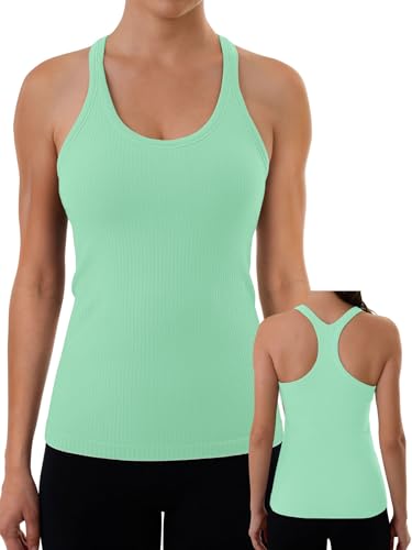 3rd hill Ribbed Workout Tank Tops for Women with Built in Bra Racerback Yoga Sports Bras Fitness Running Shirts Mint M