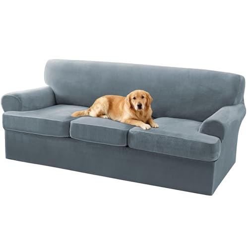 Turquoize T Cushion Sofa Slipcover 4 Piece Sofa Covers for 3 Cushion Couch Thick Velvet Couch Cover Stretch Furniture Covers with 3 Individual T Cushion Covers, Washable (3 Cushion Sofa, Stone Blue)