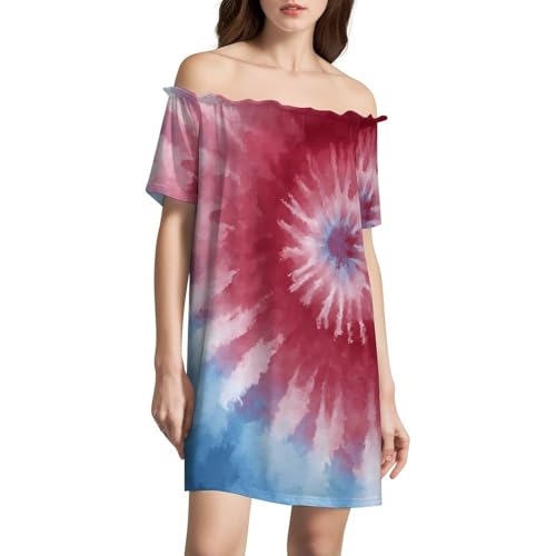Tie-dye Off-Shoulder One-Shoulder Short-Sleeved Dress Loose and Slim Casual Short Skirt