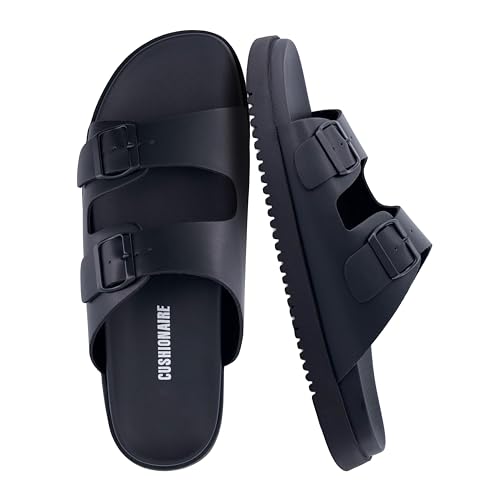 CUSHIONAIRE Nation Slip On Slides for Men with Adjustable Straps Cushioned Footbed and Ridged Grip Outsole - Everyday Mens Sandals BLACK 8