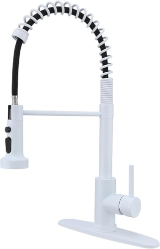 White Kitchen Faucet Spring White Kitchen Sink Faucet with Pull Down Sprayer and Deck Plate High Arc Single Handle Classic Stainless Steel Sink Faucets Suitable for Farmhouse Camper Laundry Rv Bar