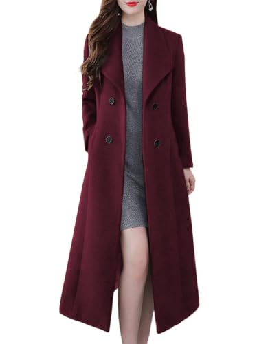ebossy Womens Shawl Lapel Double Breasted Casual Loose Winter Warm Maxi Long Pea Coat (Large Wine red)