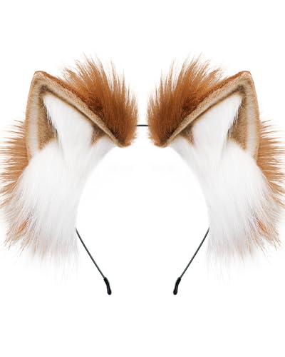 ZFKJERS Haarreif mit Fuchs-Wolfs-Katzenohren für Erwachsene Cosplay-Kostüm-Haaraccessoire für Halloween (Khaki Weiß)