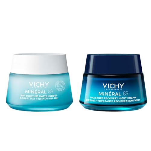 Vichy Moisturiser Duo – 48H Oil-Control Matte Sorbet with Hyaluronic Acid for Oily Skin – Night Recovery Cream with Melatonin – 2 x 50ml Set