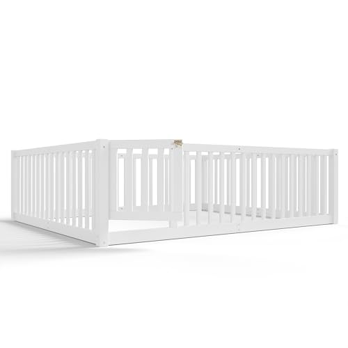 Image of Bellemave Queen Size Kids Montessori Floor Bed with Door,Solid Wood Floor Bed Frame with High Fence for Girls,Boys,White