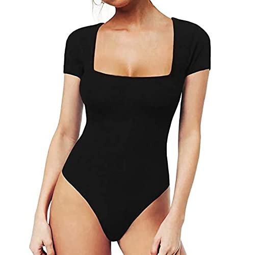FFWTPY Body Mujer Manga Corta Cuello Cuadrado Bodysuit Elegante Sexy Bodys Vestir Mono Jumpsuit Top Ropa Interior Leotardo Going Out Tops