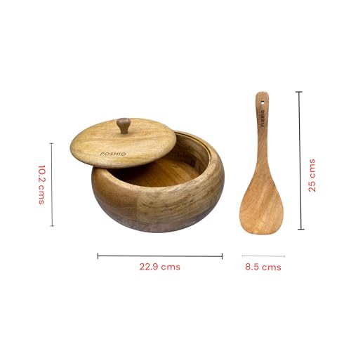 Image of POSHIO Wooden Casserole Hotpot Box with 1 Ladle, Breads Storage & Serving Box | Mango Wood Container | Non-Toxic Polished Serveware- Natural Wood Finish (1, Natural, 9x9x4in, Style 2)
