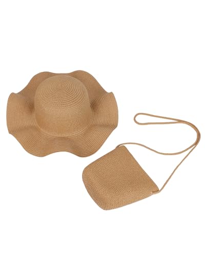 Sombrero de paja con ala ondulada y bolso pequeño de paja miniatura 2