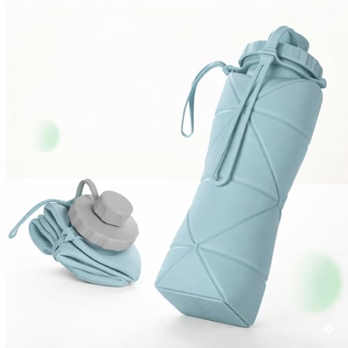 Image of Barebeauty Folding Silicone Water Bottle | Collapsible Travel Water Bottle for Gym, Office, School, Cycling, Hiking & Outdoor Sports | Leak-Proof, Portable Bottle | 600 Ml (Blue)