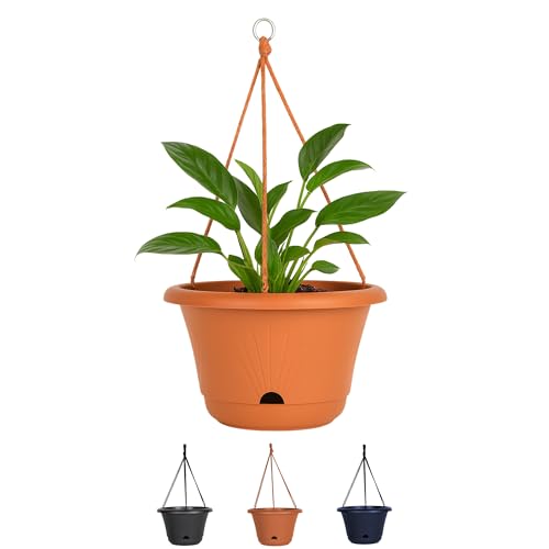 Bloem Lucca 13" Round Terra Cotta Plastic Resin Self Watering Hanging Basket Garden Planter Pot with Macrame Hanger and Ring