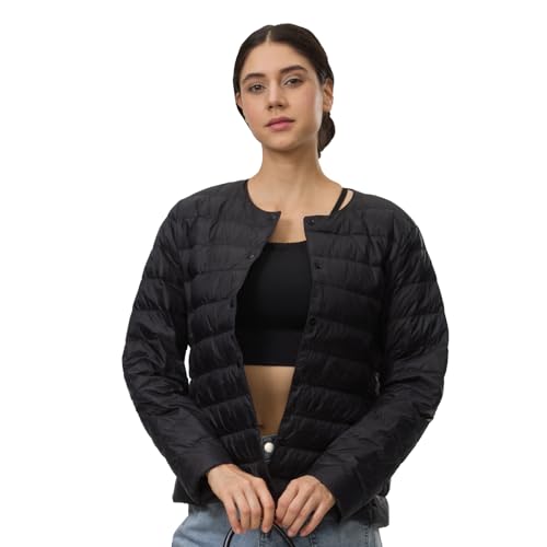 Comfitude Women's Quilted Lightwight Puffer Jacket, Collarless Down Jacket Coats with Pockets, Portable Coat with Storage Bag (US, Alpha, Large, Regular, Regular, Black)