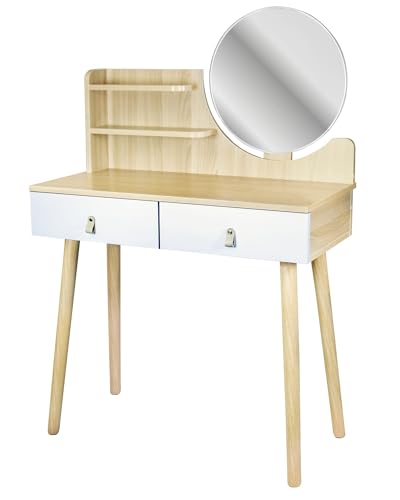 JUMI Tocador Moderno de 80 cm de Ancho con Espejo Redondo de 40 cm – Mesa de Maquillaje Esthetic con prácticos estantes, tocador, Estilo escandinavo: Madera, pomos Decorativos para cajones