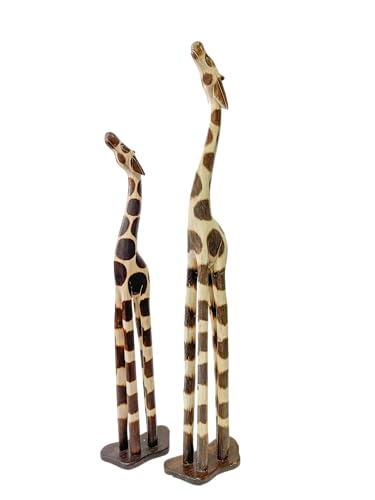 My Family House Looking Up Giraffe Statue in Brown Wood - Hand Carved Decorative Ornament for Home - 1 m