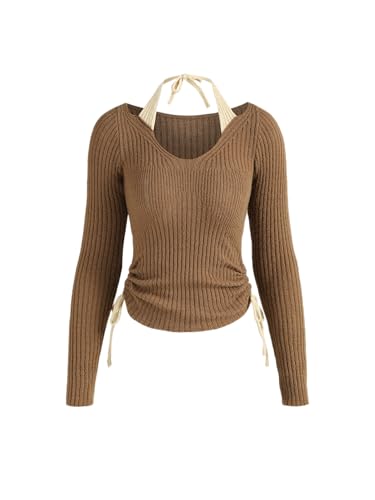 CIDER Two Tone Rib Knit Halter Drawstring Top