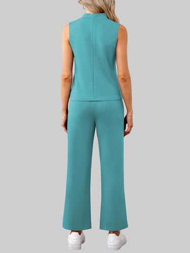 Women's Summer 2 Piece Outfits Mock Neck Tank Top Cropped Wide Leg Pants Lounge Sets 2025 Fashion Tracksuit4