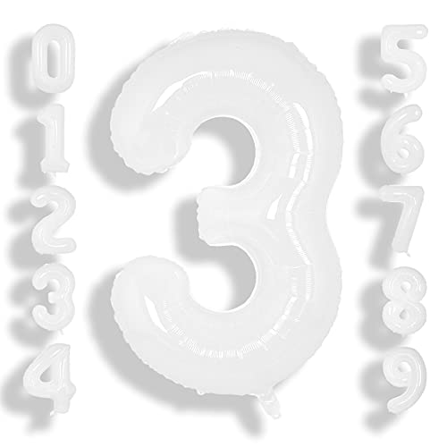 Image of SUWEN 40 Inch White Large 3 Balloon Number Big Foil Helium Number Balloons 0-9 Giant Jumbo Happy 3rd Birthday Party Decorations for Men or Women Huge Mylar Anniversary Party Supplies