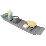 ADEPTNA Adjustable Bathtub Caddy Tray Expandable Bath Rack Tray Retractable Bathroom Shelf with Drain Holes Multipurpose Holder for Wine Glass Book Tablet Candle Bathroom Kitchen Accessories (GREY)