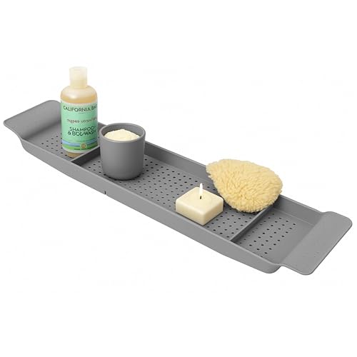 ADEPTNA Adjustable Bathtub Caddy Tray Expandable Bath Rack Tray Retractable Bathroom Shelf with Drain Holes Multipurpose Holder for Wine Glass Book Tablet Candle Bathroom Kitchen Accessories (GREY)