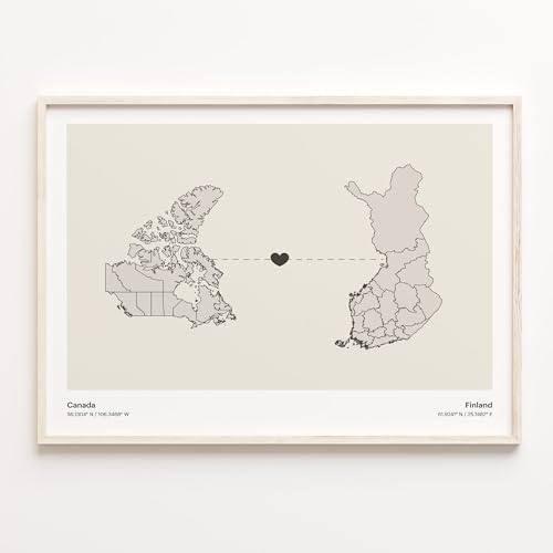 Canada to Finland Print, Fijian Gift, Minimalistic Country Connection Map Poster, Travel Wall Art, Expat Gift