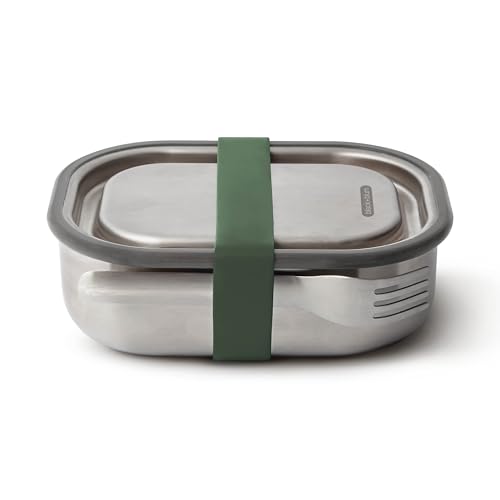 BLACK + BLUM Lunchbox Edelstahl 600 ml | Olive | 3-in-1 | Vakuumverschluss- 100% auslaufsicher | inkl. Göffel, Silikonband & Innenteiler | Ofen-& Gefriergeeignet | 20x14x6 cm | Brotdose mit Fächern