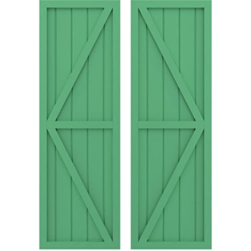 17 1/2"W x 70"H Americraft Five Board Exterior Real Wood Two Equal Panel Framed Board-n-Batten Shutters w/Double Z-Bar (Per Pair), Lily Pads