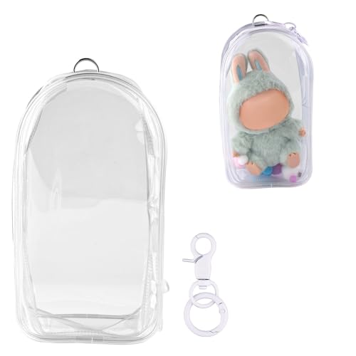 Protective Case for Dolls, 7.68x4.13in Waterproof Clear Figure Display Case Plastic PVC Material Protective Bag Cover with Pompoms Key Chain Display Storage Box for Doll