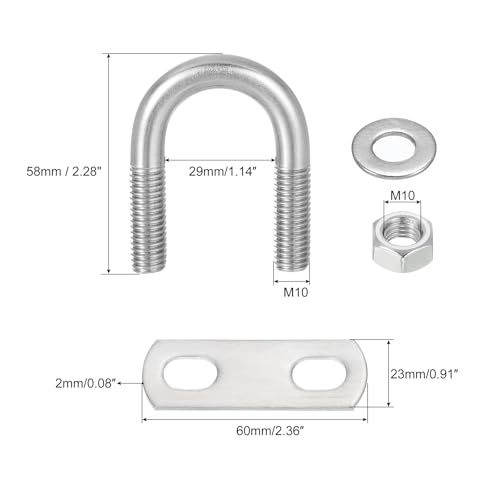 Image of uxcell Round U-Bolts, 6 Sets 29mm(1.14 inch) Inner Width 58mm Length M10 304 Stainless Steel U Clamp Bolt with Nuts and Plates, for Boat Trailer