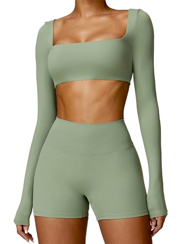 Image of ABOCIW Women Square Neck Long Sleeve Workout Crop Top Low Medium Impact Athletic Yoga Gym Shirts with Built in Bra(ONLY TOP)
