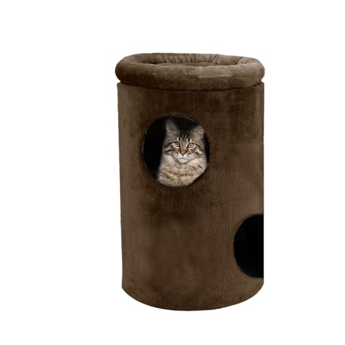 Image of Cat House with Plush Cushion, 2 Levels (Brown - FURR-12)