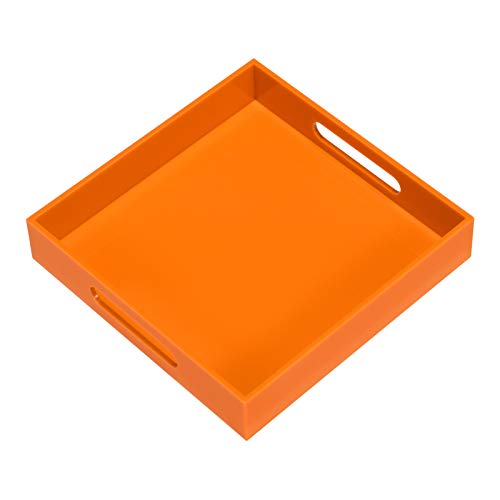 Orange Sturdy Acrylic Serving Tray with Handles-10x10Inch-Serving Coffee,Food,Breakfast,Butler-Kitchen Countertop Tray-Makeup Drawer Organizer-Vanity Table,Ottoman Tray-Decorative Tray